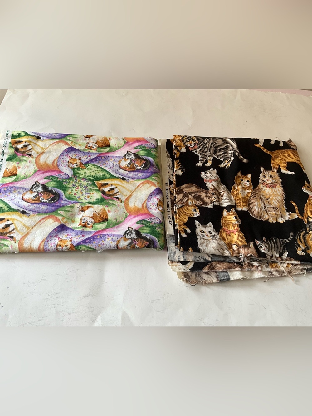 Vintage Quilting Sewing Crafts Fabric Lot Cats Tabby Cotton Orange Black Green